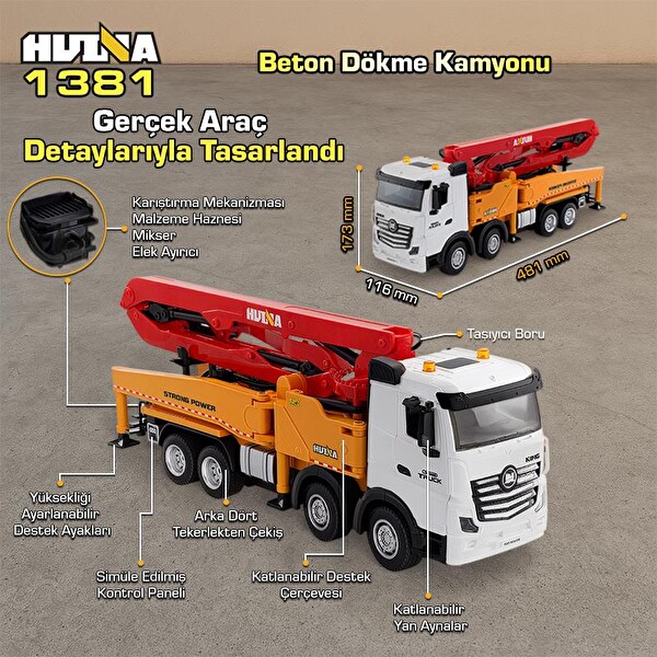 Huina 1381 1/18 11CH Beton Çimento Dökme Kamyonu İnşaat RC Model Sarı Sesli ve Işıklı Uzaktan Kumandalı İş Makinesi