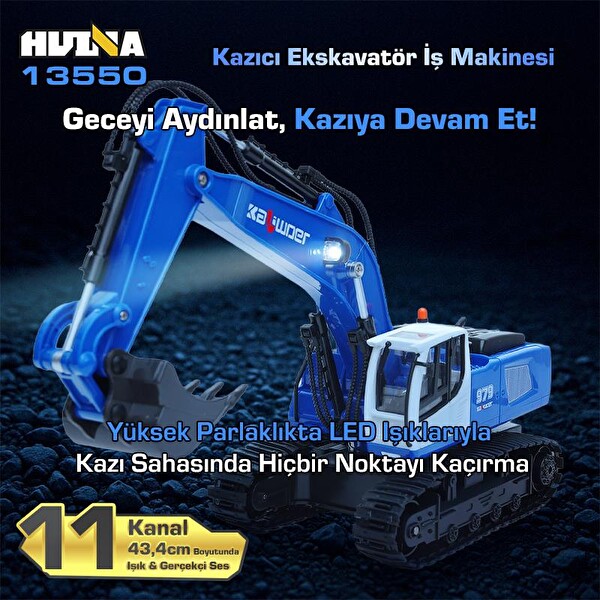 Huina Kaliwo 13550 1/18 11CH Kazıcı Ekskavatör İnşaat RC Model Mavi Sesli ve Işıklı Uzaktan Kumandalı İş Makinesi