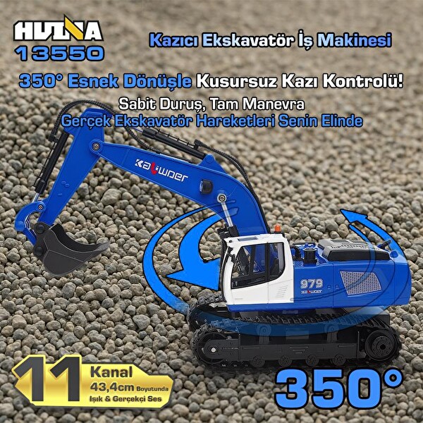 Huina Kaliwo 13550 1/18 11CH Kazıcı Ekskavatör İnşaat RC Model Mavi Sesli ve Işıklı Uzaktan Kumandalı İş Makinesi