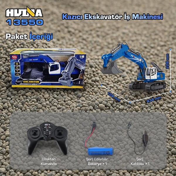 Huina Kaliwo 13550 1/18 11CH Kazıcı Ekskavatör İnşaat RC Model Mavi Sesli ve Işıklı Uzaktan Kumandalı İş Makinesi