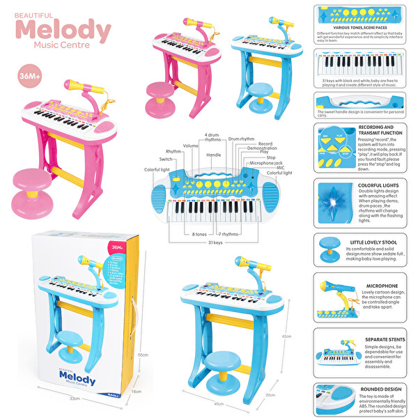 Vardem BAO-3132C 24 Tuşlu Mini Piyano MP3 Ve Mikrofonlu Mavi