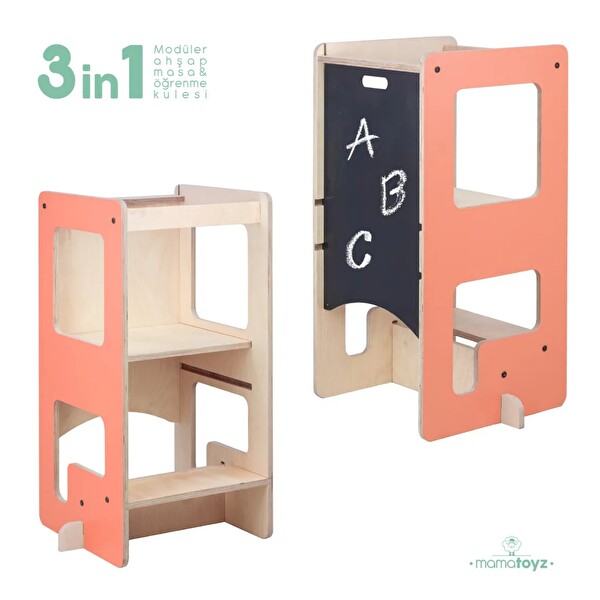 Mamatoyz Flip Terra Cotta 3'ü 1 Arada Öğrenme Kulesi - Aktivite Masası - Yazı Tahtası