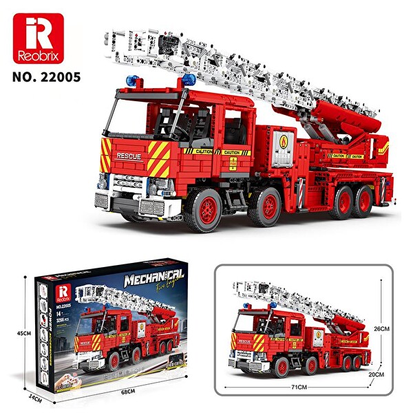 Reobrix 22005 İtfaiye Kamyonu Kumanda&Motorlu Yaratıcı Yapı Blok Seti Building Blocks Mechanical Fire Engine -3266 Parça