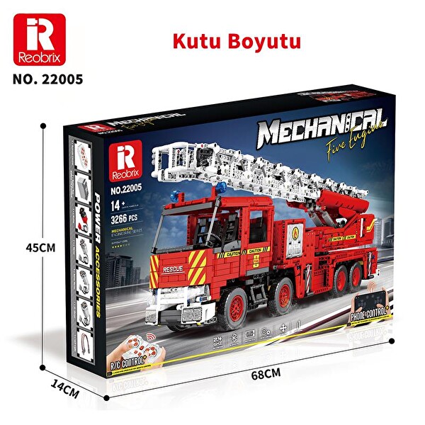 Reobrix 22005 İtfaiye Kamyonu Kumanda&Motorlu Yaratıcı Yapı Blok Seti Building Blocks Mechanical Fire Engine -3266 Parça