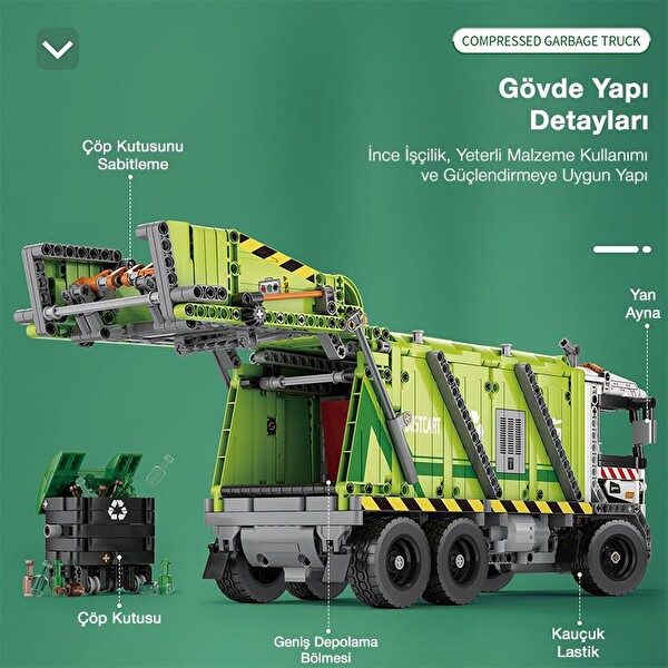 Reobrix Technic 22022 Çöp Toplama Kamyonu Garbage Truck Kumanda&Motorlu Yaratıcı Yapı Blok Seti Building Blocks - 1468 Parça