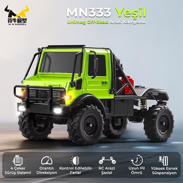 MN Model MN333 1/18 Mercedes Unimog U4000 4WD RC Crawler Offroad Uzaktan Kumandalı Yeşil Arazi Aracı