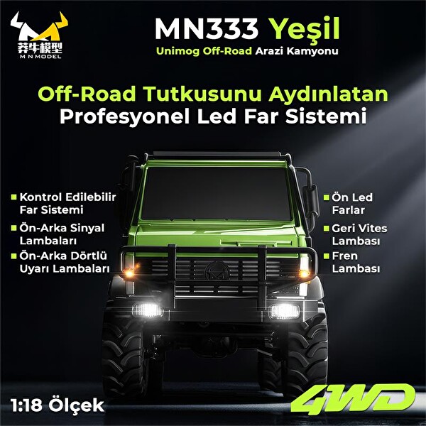 MN Model MN333 1/18 Mercedes Unimog U4000 4WD RC Crawler Offroad Uzaktan Kumandalı Yeşil Arazi Aracı