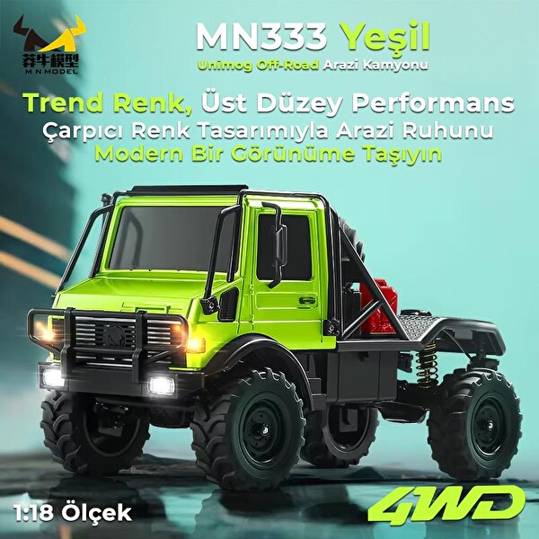 MN Model MN333 1/18 Mercedes Unimog U4000 4WD RC Crawler Offroad Uzaktan Kumandalı Yeşil Arazi Aracı