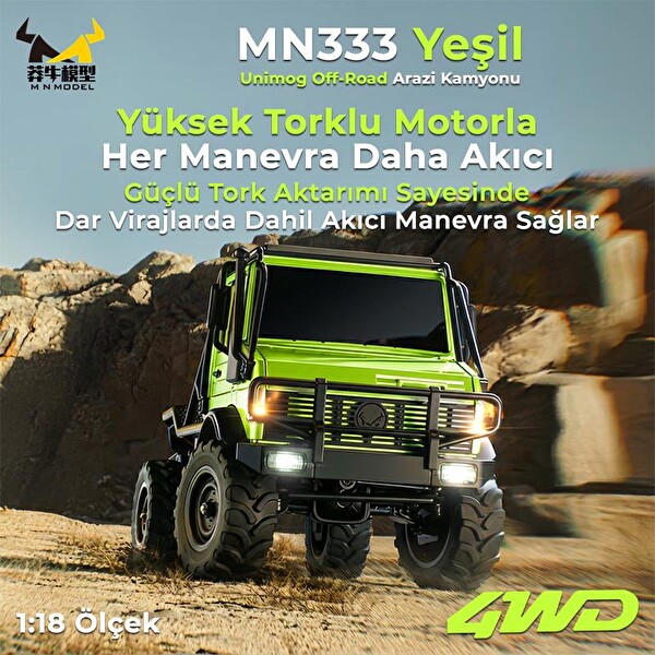 MN Model MN333 1/18 Mercedes Unimog U4000 4WD RC Crawler Offroad Uzaktan Kumandalı Yeşil Arazi Aracı