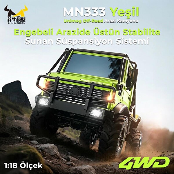 MN Model MN333 1/18 Mercedes Unimog U4000 4WD RC Crawler Offroad Uzaktan Kumandalı Yeşil Arazi Aracı