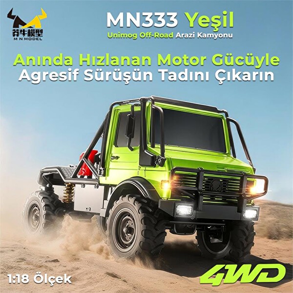 MN Model MN333 1/18 Mercedes Unimog U4000 4WD RC Crawler Offroad Uzaktan Kumandalı Yeşil Arazi Aracı