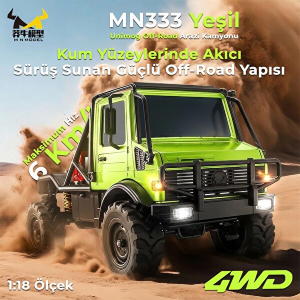 MN Model MN333 1/18 Mercedes Unimog U4000 4WD RC Crawler Offroad Uzaktan Kumandalı Yeşil Arazi Aracı