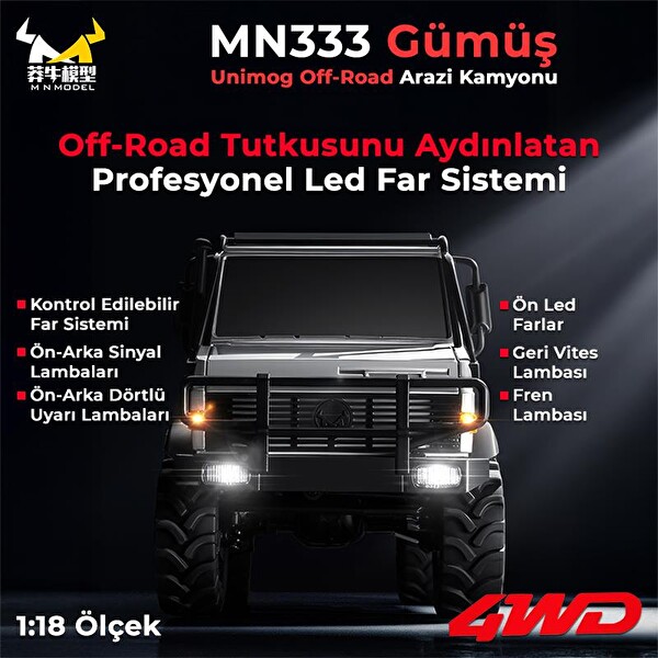MN Model MN333 1/18 Mercedes Unimog U4000 4WD RC Crawler Offroad Uzaktan Kumandalı Gümüş Arazi Aracı