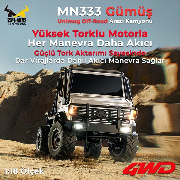 MN Model MN333 1/18 Mercedes Unimog U4000 4WD RC Crawler Offroad Uzaktan Kumandalı Gümüş Arazi Aracı