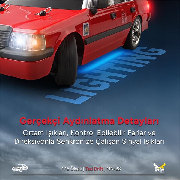 MN Model MN38 1/16 4WD LED Işıklı Onroad Racing Car W-Gyro 2.4GHZ RTR Kırmızı Uzaktan Kumandalı Taxi RC Drift Arabası