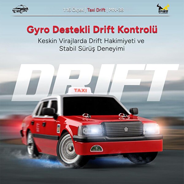 MN Model MN38 1/16 4WD LED Işıklı Onroad Racing Car W-Gyro 2.4GHZ RTR Kırmızı Uzaktan Kumandalı Taxi RC Drift Arabası