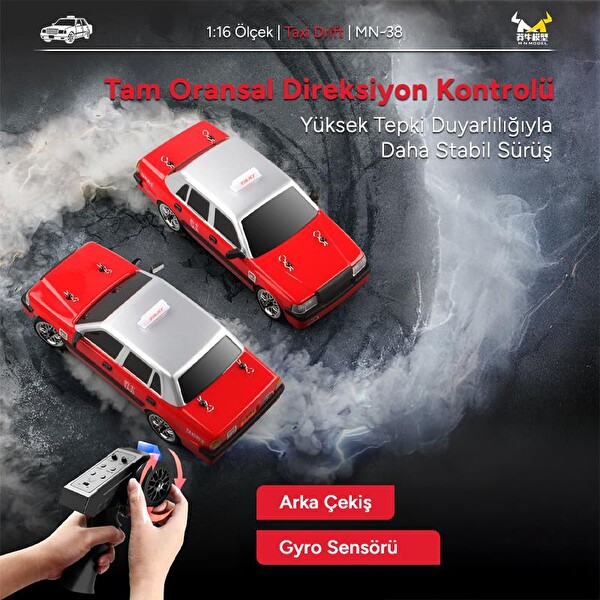 MN Model MN38 1/16 4WD LED Işıklı Onroad Racing Car W-Gyro 2.4GHZ RTR Kırmızı Uzaktan Kumandalı Taxi RC Drift Arabası