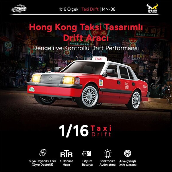 MN Model MN38 1/16 4WD LED Işıklı Onroad Racing Car W-Gyro 2.4GHZ RTR Kırmızı Uzaktan Kumandalı Taxi RC Drift Arabası