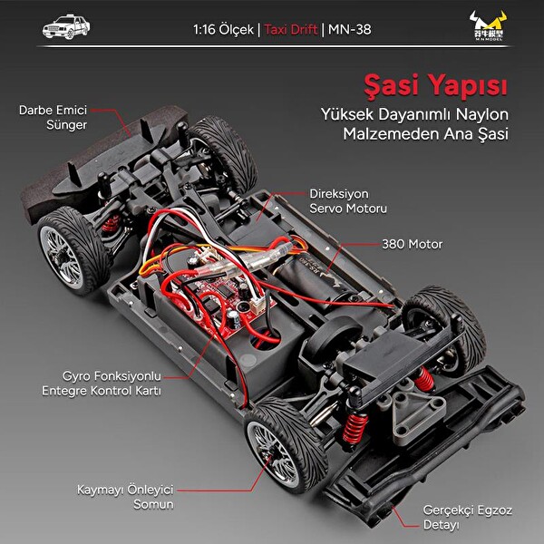 MN Model MN38 1/16 4WD LED Işıklı Onroad Racing Car W-Gyro 2.4GHZ RTR Kırmızı Uzaktan Kumandalı Taxi RC Drift Arabası