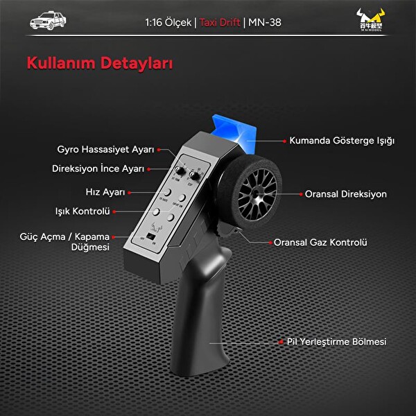 MN Model MN38 1/16 4WD LED Işıklı Onroad Racing Car W-Gyro 2.4GHZ RTR Kırmızı Uzaktan Kumandalı Taxi RC Drift Arabası
