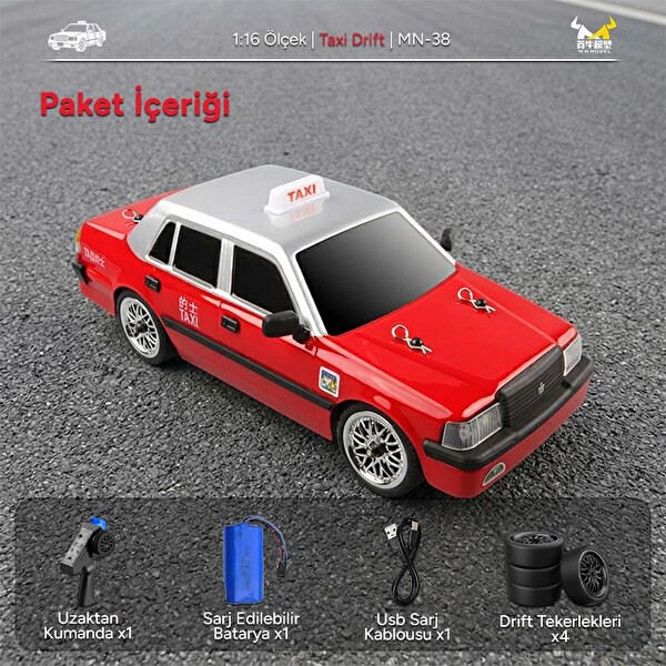 MN Model MN38 1/16 4WD LED Işıklı Onroad Racing Car W-Gyro 2.4GHZ RTR Kırmızı Uzaktan Kumandalı Taxi RC Drift Arabası