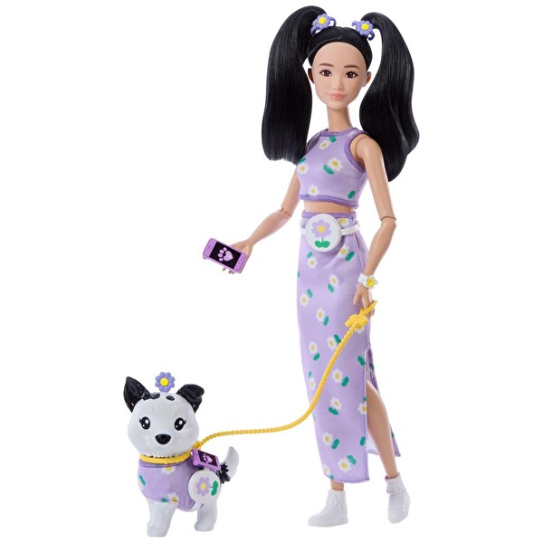 Barbie Uyumlu Dostlar Siyah Saçlı Bebek ve Köpekçiği JFP39