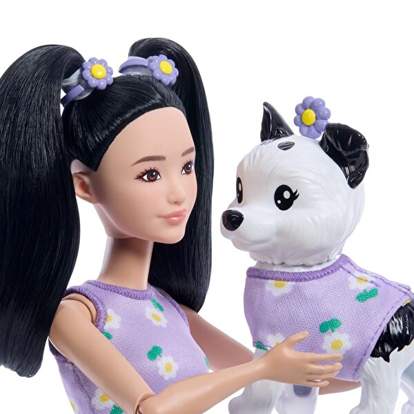 Barbie Uyumlu Dostlar Siyah Saçlı Bebek ve Köpekçiği JFP39