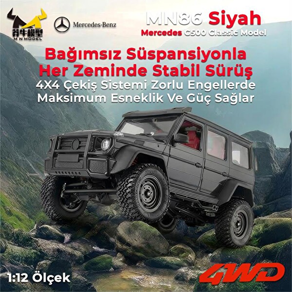MN Model MN86 1/12 G-Wagon Mercedes G500 4WD RC Crawler Offroad Uzaktan Kumandalı Araba Arazi Aracı RC Model Car RTR Siyah