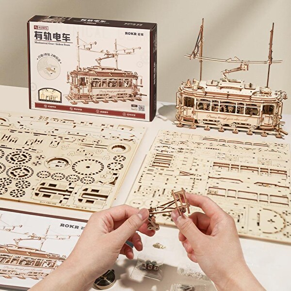 Rokr LK801 Klasik Tramvay DIY Ahşap 3D Wooden Puzzle 3D Model Kit Detaylı Dekoratif Minyatür Maket Model Seti
