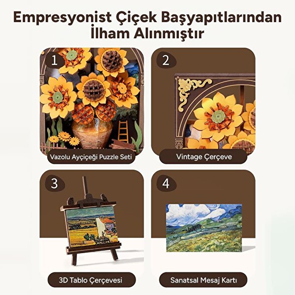 Rowood TH002 Ayçiçeği DIY Ahşap 3D Wooden Puzzle Detaylı Dekoratif Minyatür Maket Model Seti