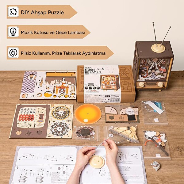 Rolife AMT01 Dönme Dolaplı Müzik Kutusu Sunset Carnival DIY Minyatür Maket Model Seti Ahşap 3D Wooden Puzzle Hobi Kiti