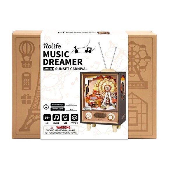 Rolife AMT01 Dönme Dolaplı Müzik Kutusu Sunset Carnival DIY Minyatür Maket Model Seti Ahşap 3D Wooden Puzzle Hobi Kiti