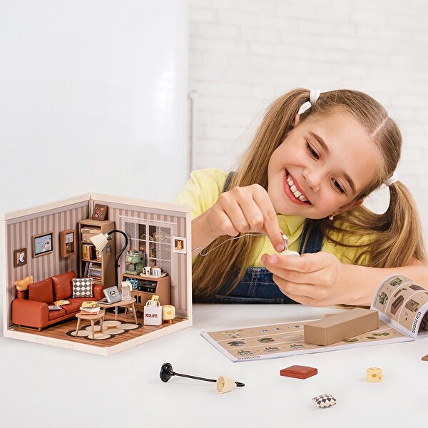 Rolife DW007 Konforlu Oturma Odası Cozy Living Lounge DIY Minyatür Maket Model Seti Mini Dollhouse 3D Ahşap Hobi Kiti