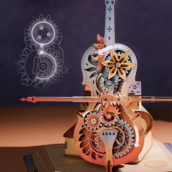 Rokr AMK63M Çello Müzik Kutusu Symphony of Gorgeous Dreams Music Box DIY Mechanical 3D Wooden Puzzle Maket Model Seti Hobi Kiti