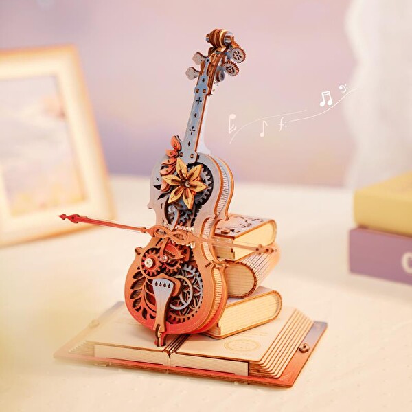 Rokr AMK63M Çello Müzik Kutusu Symphony of Gorgeous Dreams Music Box DIY Mechanical 3D Wooden Puzzle Maket Model Seti Hobi Kiti