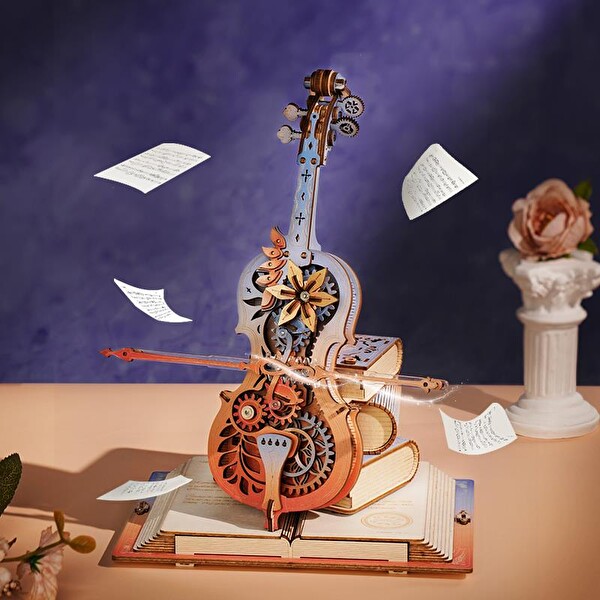 Rokr AMK63M Çello Müzik Kutusu Symphony of Gorgeous Dreams Music Box DIY Mechanical 3D Wooden Puzzle Maket Model Seti Hobi Kiti
