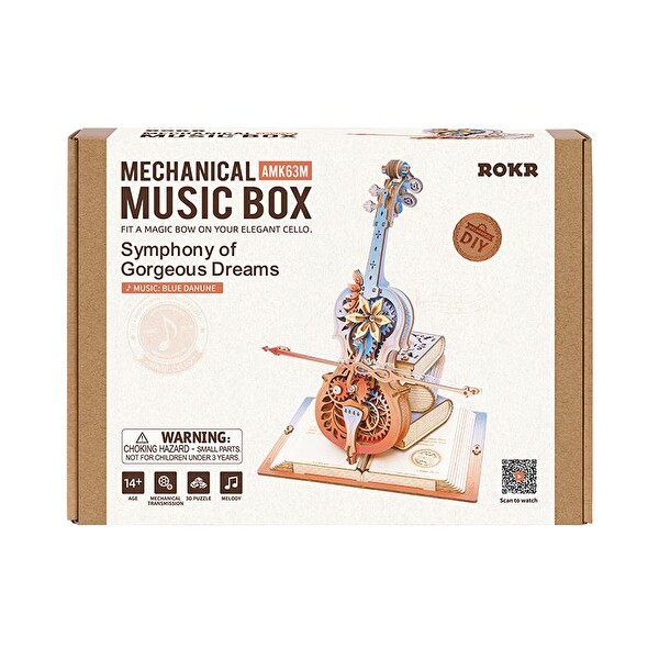 Rokr AMK63M Çello Müzik Kutusu Symphony of Gorgeous Dreams Music Box DIY Mechanical 3D Wooden Puzzle Maket Model Seti Hobi Kiti