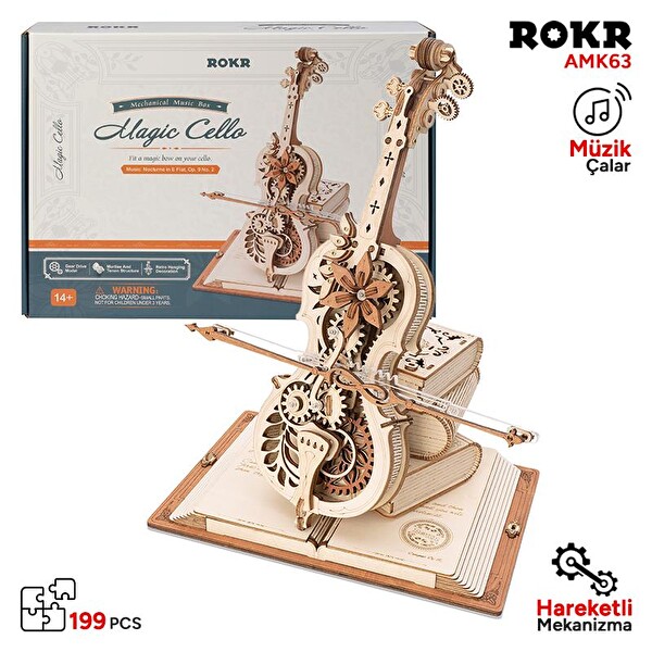Rokr AMK63 Çello Müzik Kutusu Magic Cello Music Box DIY Mechanical 3D Wooden Puzzle Maket Model Seti Detaylı Dekoratif Hobi Kiti