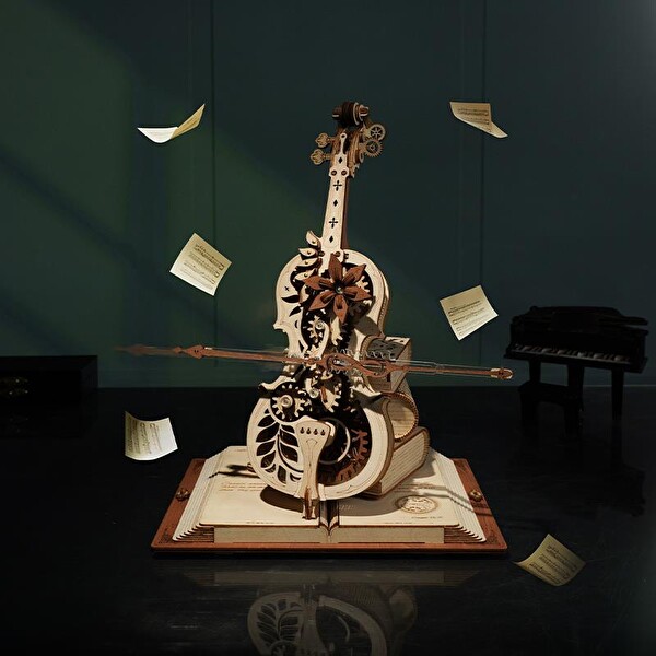 Rokr AMK63 Çello Müzik Kutusu Magic Cello Music Box DIY Mechanical 3D Wooden Puzzle Maket Model Seti Detaylı Dekoratif Hobi Kiti