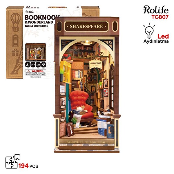 Rolife TGB07 Kitapçı Bookstore Kitap Köşesi Book Nook DIY Minyatür Maket Model Seti Mini Dollhouse 3D Ahşap Dekoratif Hobi Kiti