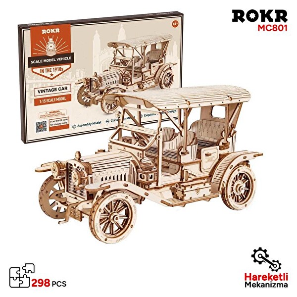 Rokr MC801 Klasik Araba Vintage Car DIY Minyatür Maket Model Seti Ahşap 3D Wooden Puzzle Detaylı Dekoratif Hobi Tasarım Kiti