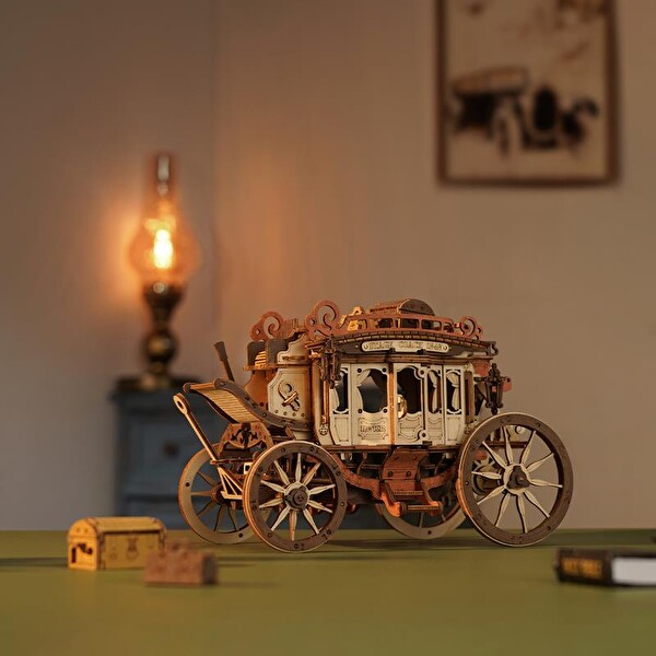 Rokr AMKA1 Müzik Kutusu Stage Coach Music Box DIY Mechanical 3D Wooden Puzzle Maket Model Seti Detaylı Dekoratif Hobi Kiti