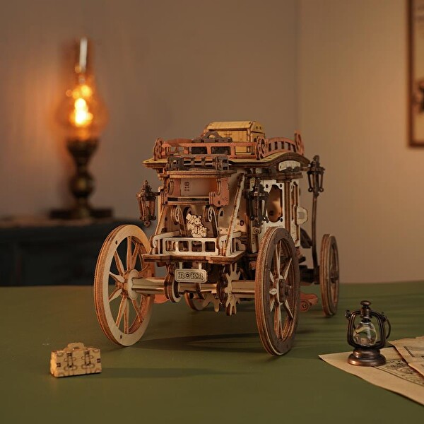 Rokr AMKA1 Müzik Kutusu Stage Coach Music Box DIY Mechanical 3D Wooden Puzzle Maket Model Seti Detaylı Dekoratif Hobi Kiti