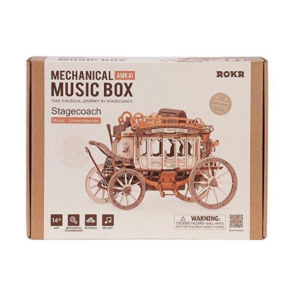 Rokr AMKA1 Müzik Kutusu Stage Coach Music Box DIY Mechanical 3D Wooden Puzzle Maket Model Seti Detaylı Dekoratif Hobi Kiti