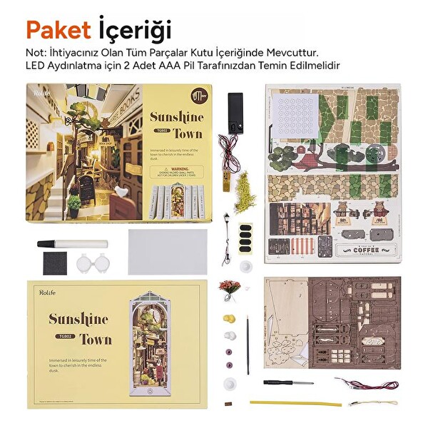Rolife TGB02 Sunshine Town Kasaba Kitap Köşesi Book Nook DIY Minyatür Maket Model Seti Mini Dollhouse 3D Ahşap Hobi Kiti