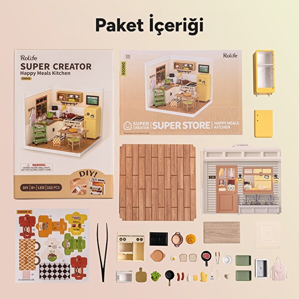 Rolife DW008 Mutlu Yemekler Mutfağı Happy Meals Kitchen DIY Minyatür Maket Model Seti Mini Dollhouse 3D Ahşap Hobi Kiti