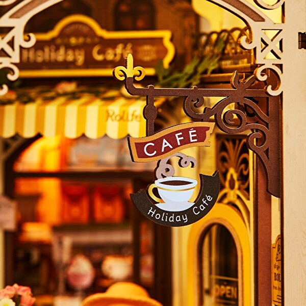 Rolife TGB15 Holiday Cafe Kitap Köşesi Book Nook DIY Minyatür Maket Model Seti Mini Dollhouse 3D Ahşap Dekoratif Hobi Kiti