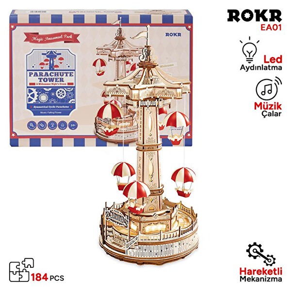 Rokr EA01 Müzik Kutusu Parachute Tower Music Box DIY 3D Wooden Puzzle Maket Model Seti Detaylı Dekoratif Hobi Seti Ahşap Maket