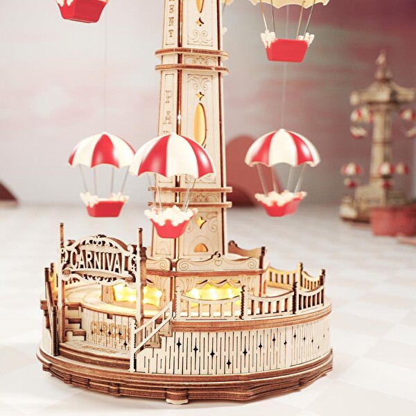 Rokr EA01 Müzik Kutusu Parachute Tower Music Box DIY 3D Wooden Puzzle Maket Model Seti Detaylı Dekoratif Hobi Seti Ahşap Maket
