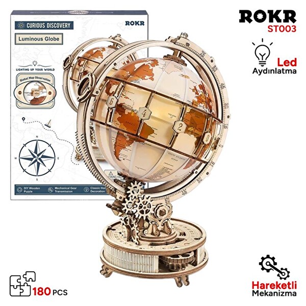 Rokr ST003 Işıklı Küre Luminous Globe DIY Mechanical 3D Puzzle Maket Model Seti Detaylı Dekoratif Hobi Seti Ahşap Maket
